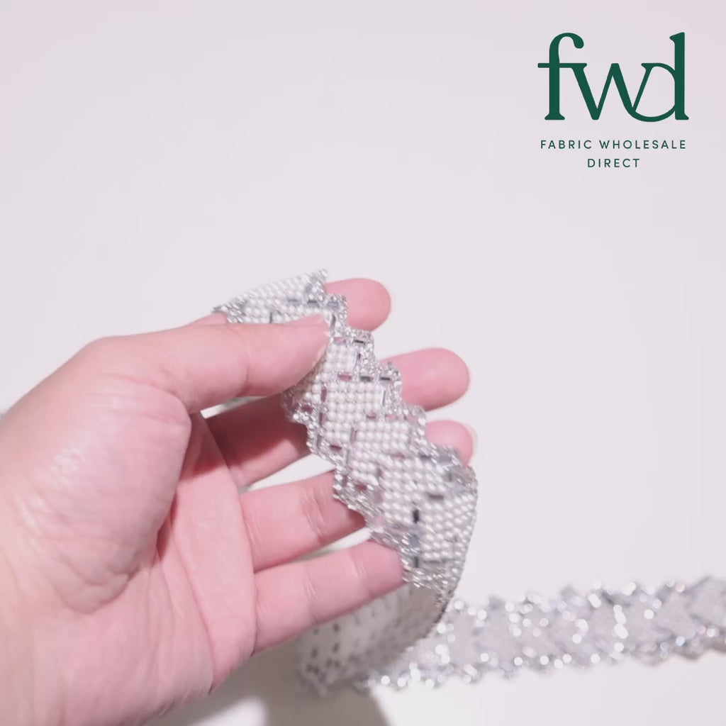 1.25 Inch Pearly Rhinestone Glitter Infused Iron On Scalloped Mesh Fabric Trim Silver Video|SV583002