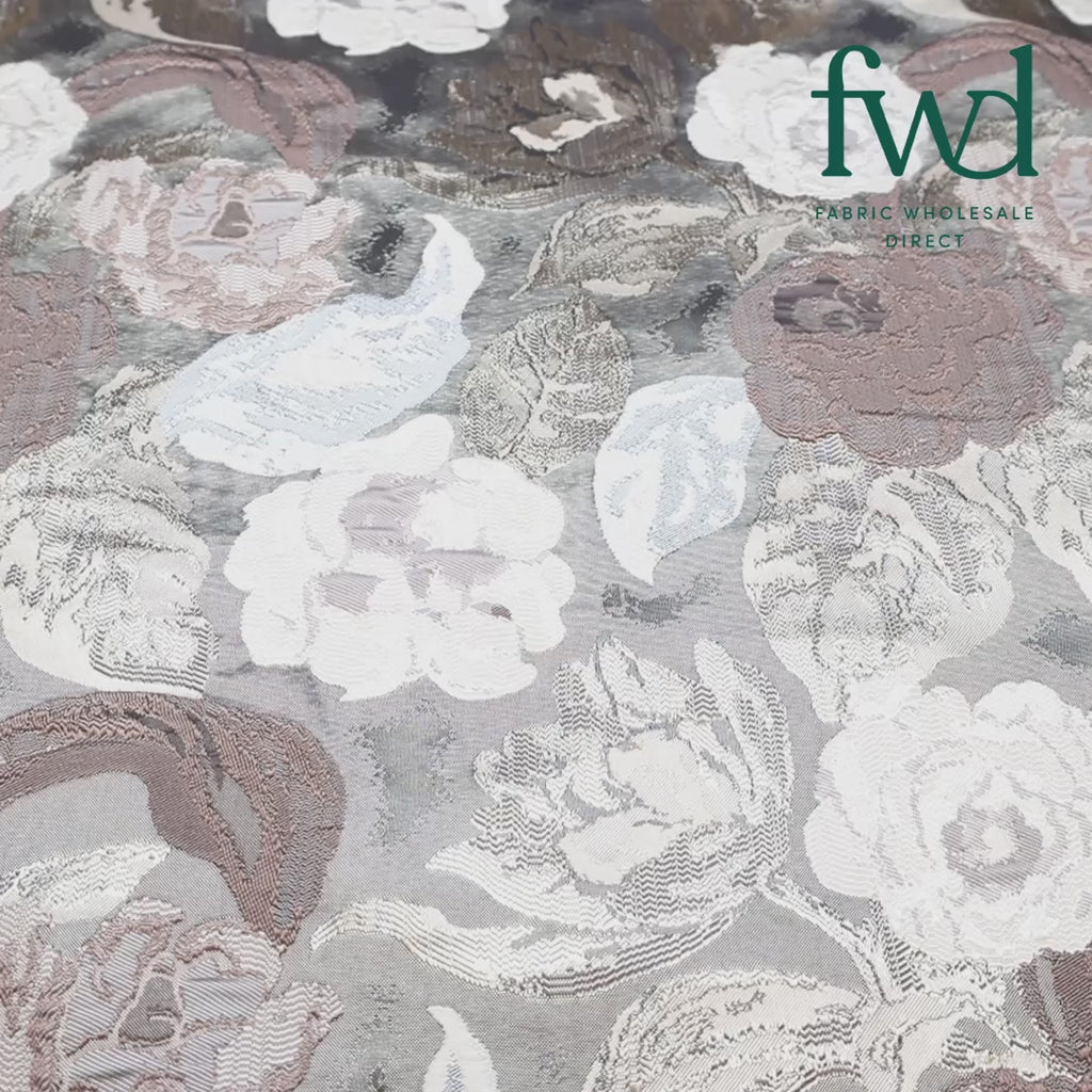 Garden Bloom Floral Extra Wide Metallic Upholstery Jacquard Beige Fabric Video|SV581153
