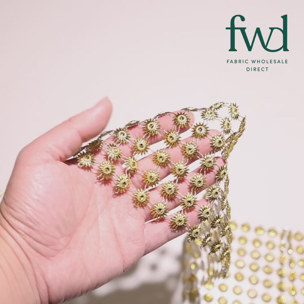 4.5 Inch Sunflower Filigree Metallic Rhinestone Lace Trim (10 Yards) Gold Video|SV582554