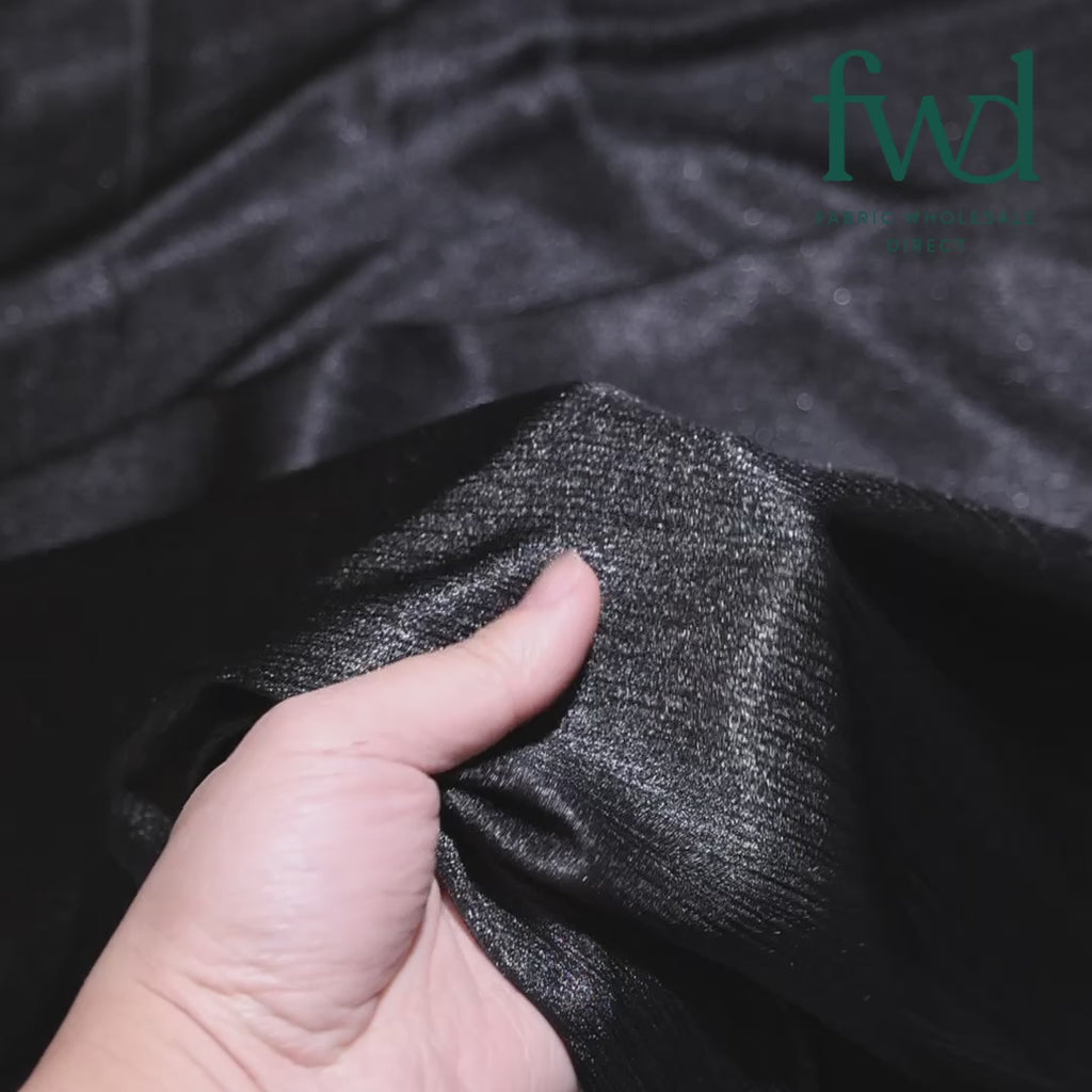 Shiny Striped Crinkle Crepe Satin Black Fabric Video|SV581485