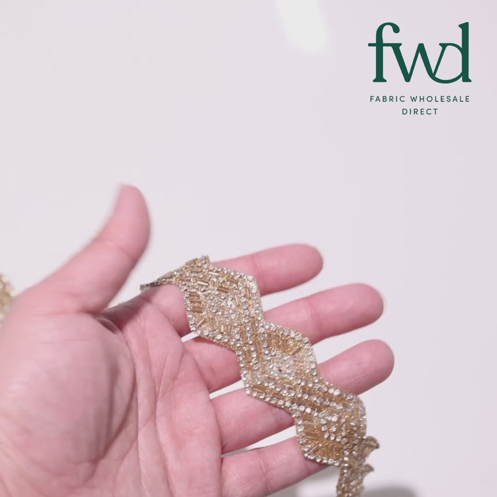 1.25 Inch Beaded Rhinestone Glitter Infused Iron On Scalloped Mesh Fabric Trim Gold Video|SV582900 Gold Image A3