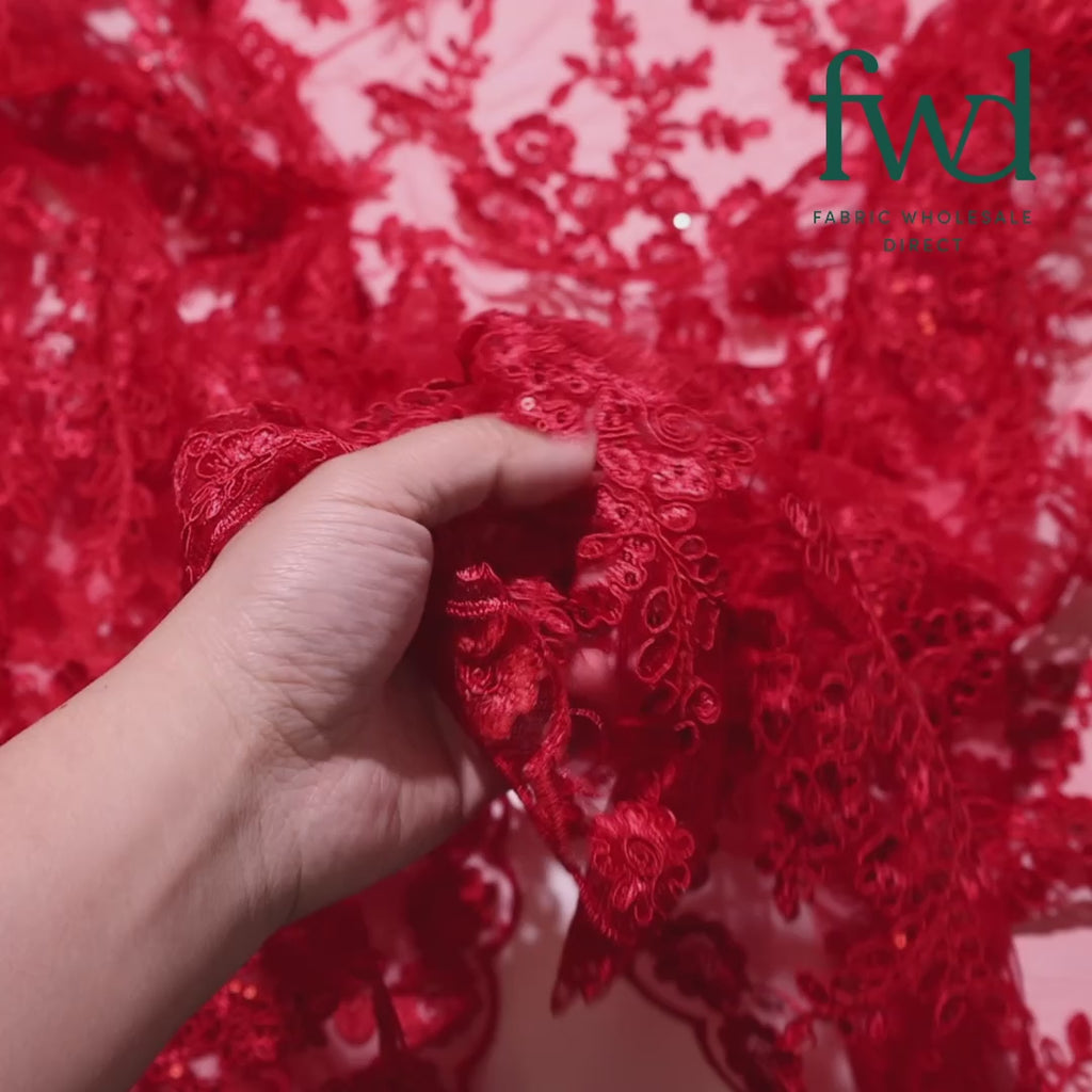 Sheer Floral Sequined Embroidery On Lace Fabric Red Video|SV582710