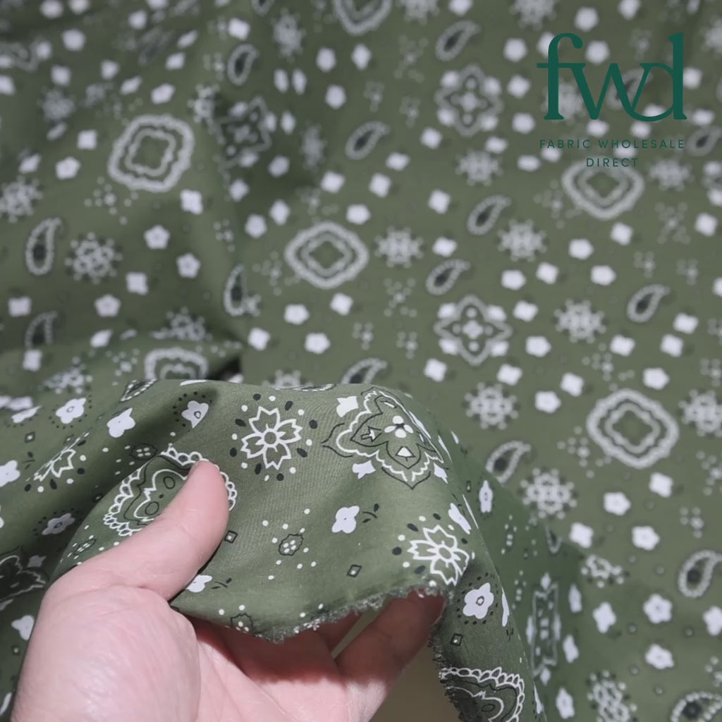 Paisley Print Bandana Broadcloth (60 Inches) Olive Green Fabric Video|SV580198
