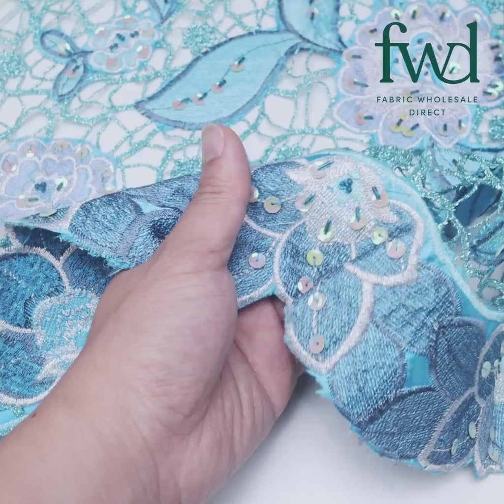 Floral Corded Embroidery Lace With Stone Fabric SV576424 Turquoise 5