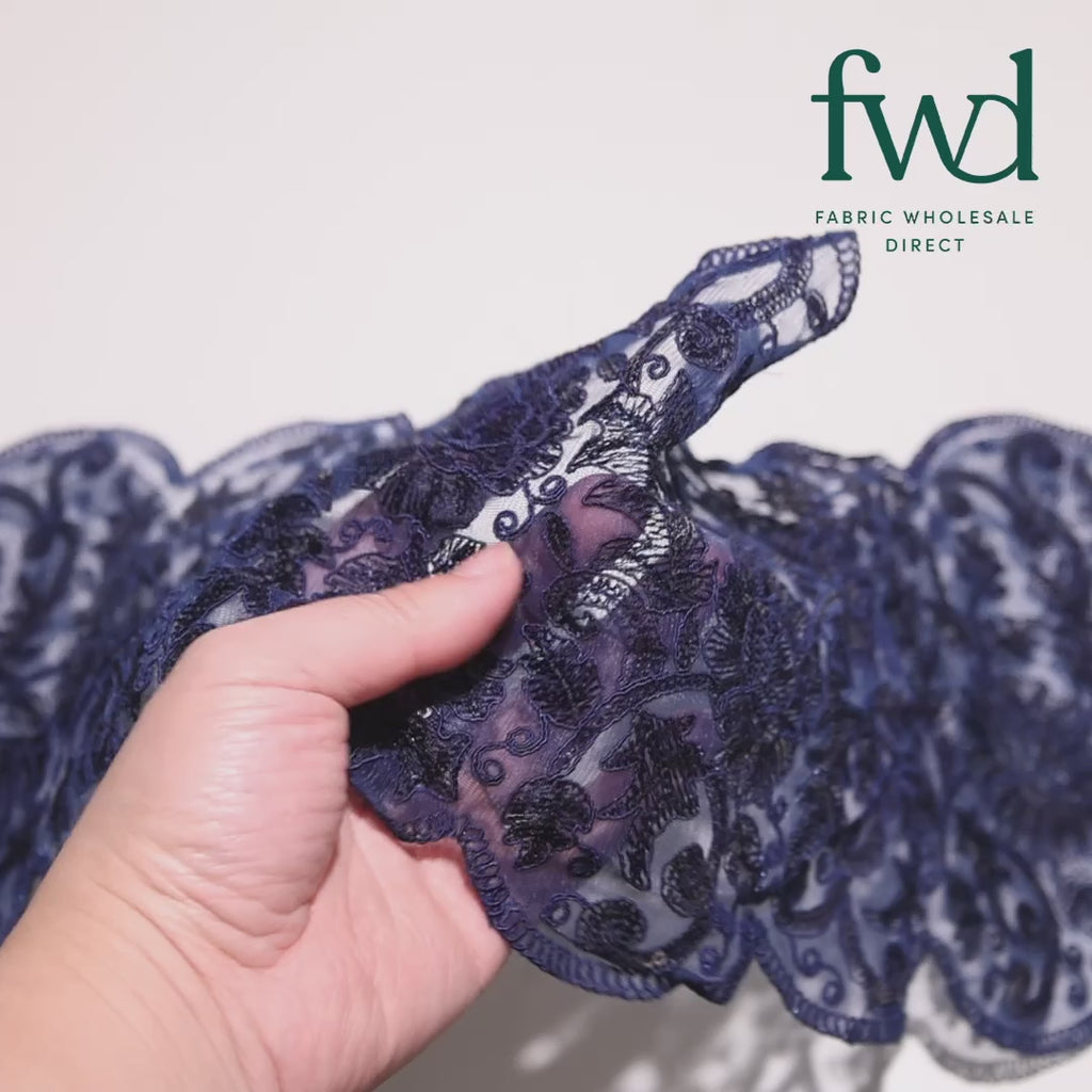 Floral Sequin Embroidery On 8 Inch Corded Mesh Lace Trim Navy Blue Video|SV582508