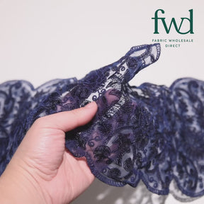 Floral Sequin Embroidery On 8 Inch Corded Mesh Lace Trim Navy Blue Video|SV582508