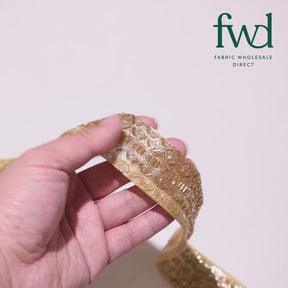 1.25 Inch Beaded Rhinestone Glitter Infused Iron On Single Fold Mesh Fabric Trim Gold Video|SV582895