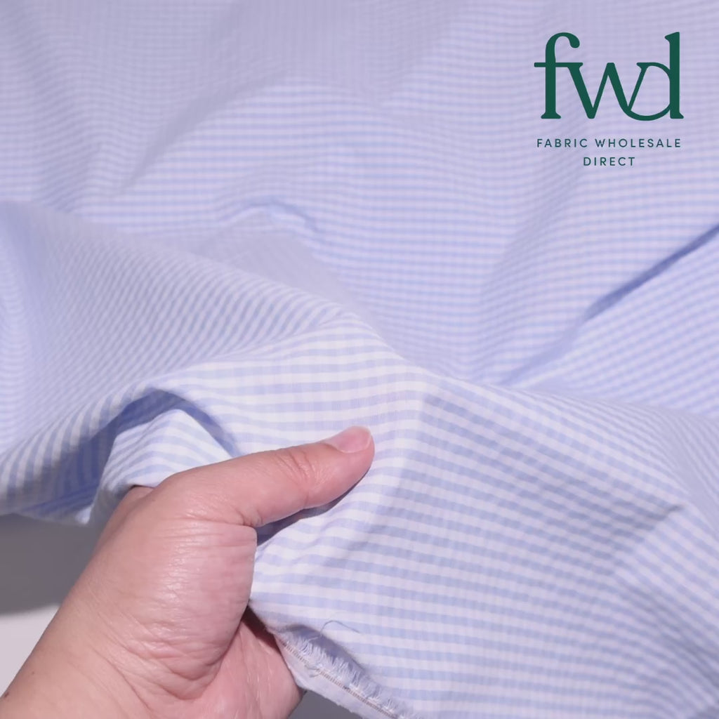 1/8 Inch Gingham Check Polyester Cotton Poplin Fabric Light Blue / White Fabric Video|SV582944