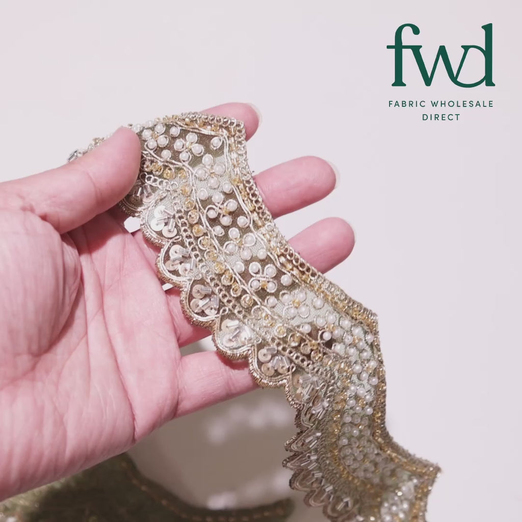 2.5 Inch Beaded Sequin Metallic Cording On Scalloped Mesh Lace Fabric Trim Olive Video|SV582994