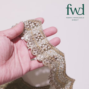 2.5 Inch Beaded Sequin Metallic Cording On Scalloped Mesh Lace Fabric Trim Olive Video|SV582994