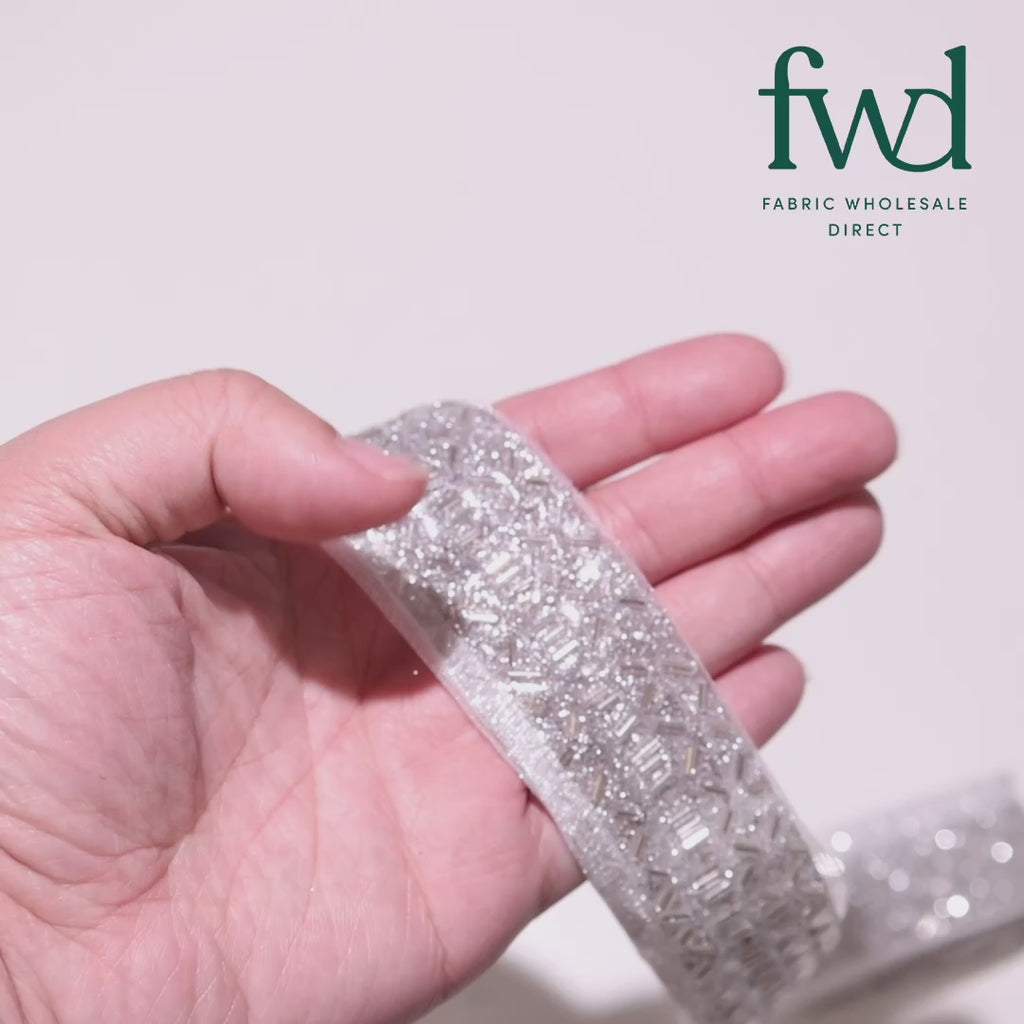 1.25 Inch Beaded Rhinestone Glitter Infused Iron On Single Fold Mesh Fabric Trim Silver Video|SV582899