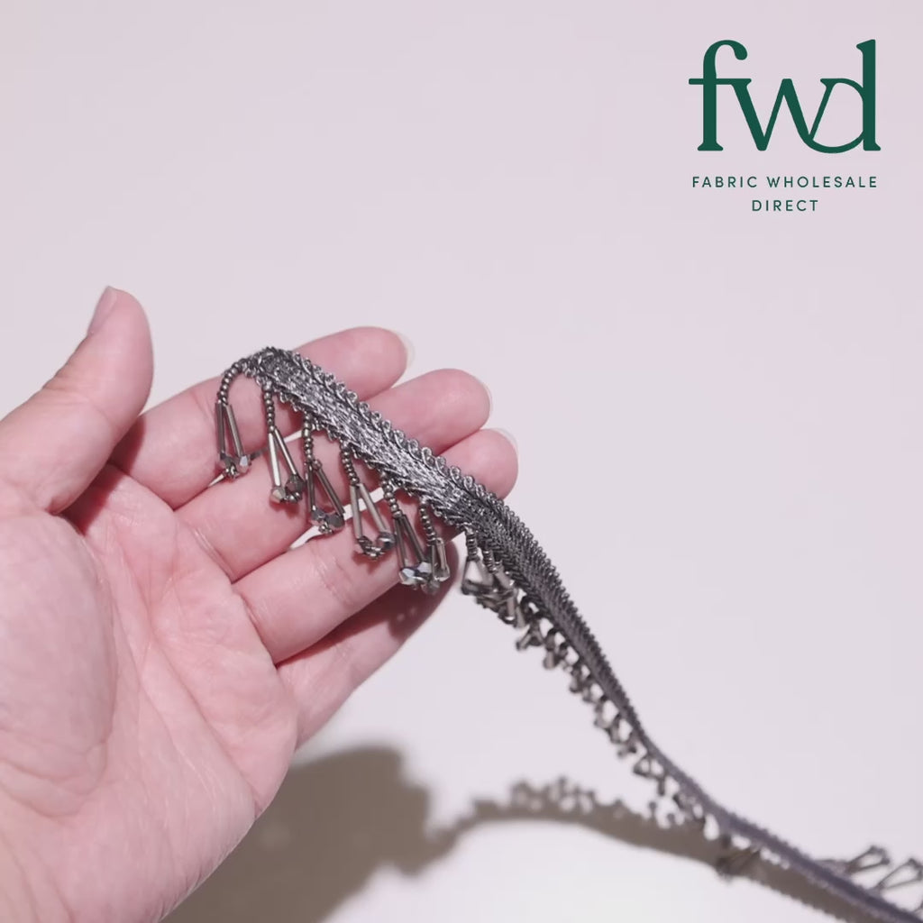 1.5 Inch Braided Metallic Cord With Beaded Tassel Fringe Fabric Trim Silver Video|SV582918