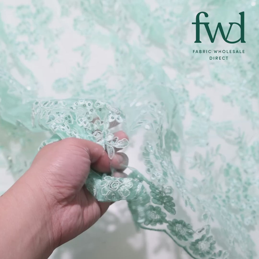Sheer Floral Sequined Embroidery On Lace Fabric Seafoam Video|SV582718