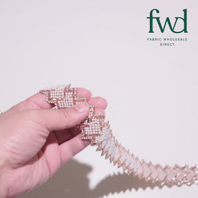 1.25 Inch Pearly Rhinestone Glitter Infused Iron On Scalloped Mesh Fabric Trim Gold Video|SV583001