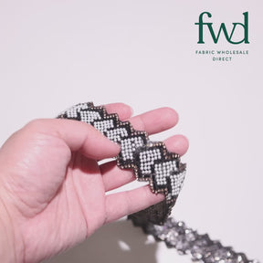 1.25 Inch Pearly Rhinestone Glitter Infused Iron On Scalloped Mesh Fabric Trim Black Video|SV582998