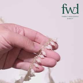 1.25 Inch Beaded Tassel Fringe On Sheer Mesh Fabric Trim Pearl White Video|SV582904