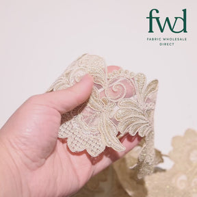 Leafy Floral Corded Sequin Embroidery On 4 Inch Scalloped Mesh Lace Trim Champagne Video|SV582525