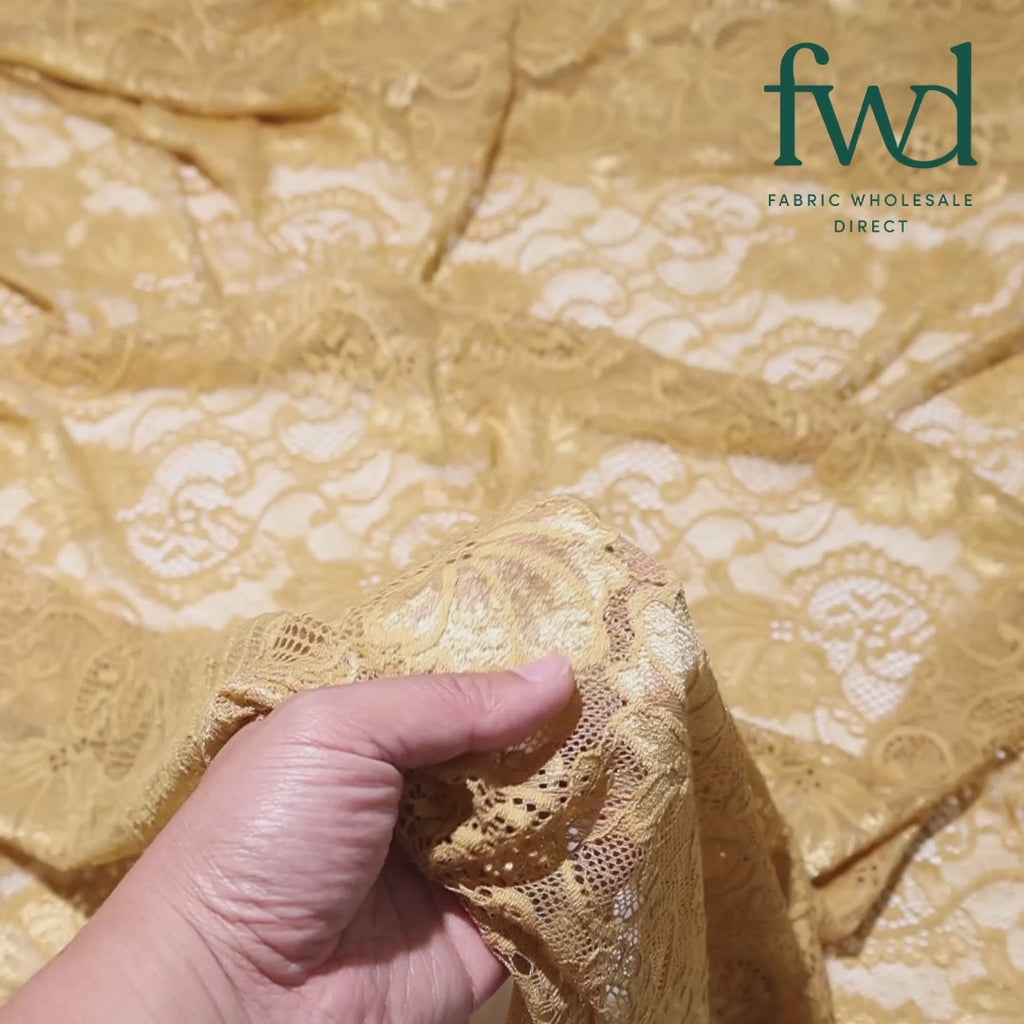 Victoria Stretch Lace Fabric Gold Video|SV573882