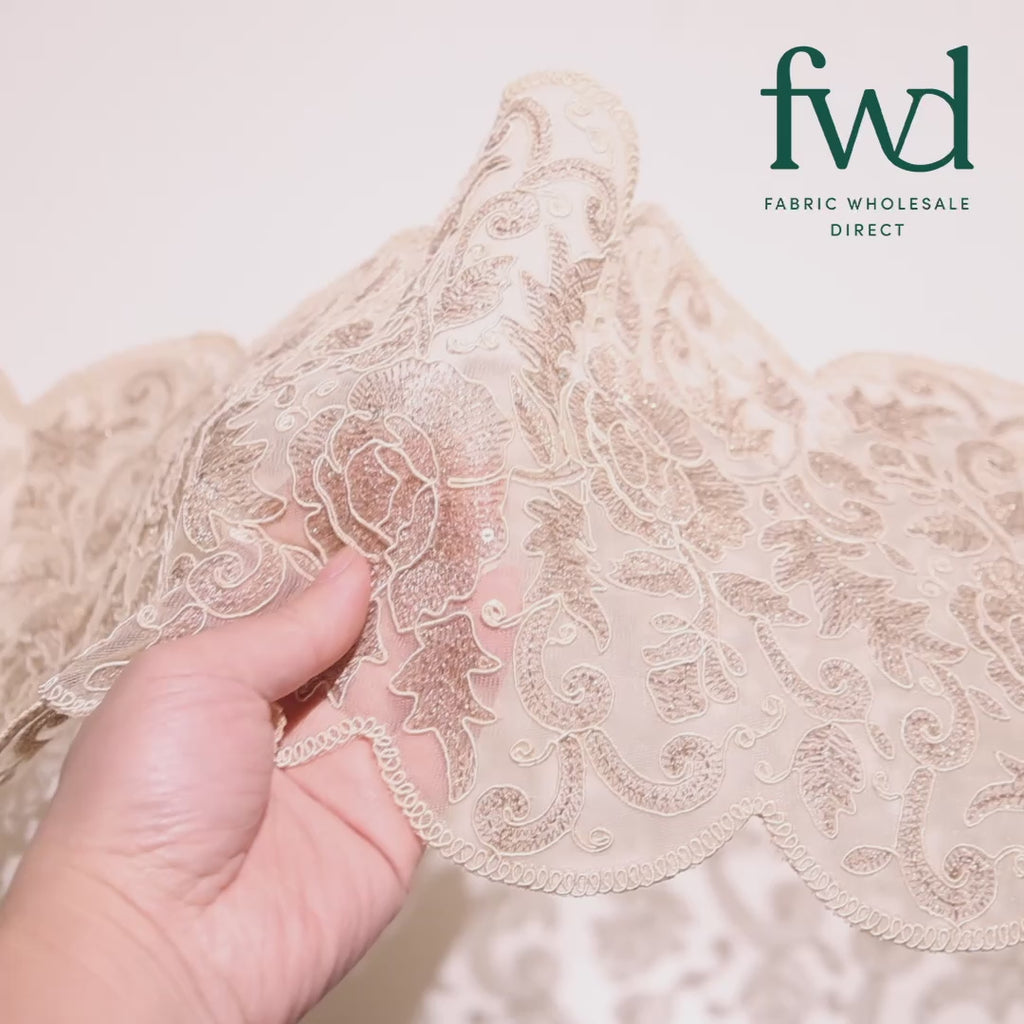 Floral Sequin Embroidery On 8 Inch Corded Mesh Lace Trim Beige Video|SV582835