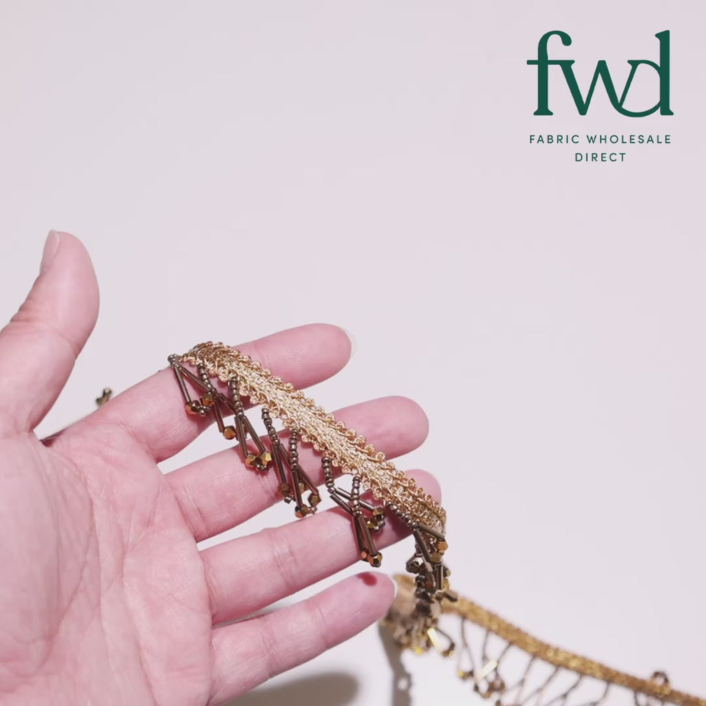 1.5 Inch Braided Metallic Cord With Beaded Tassel Fringe Fabric Trim Rose Gold Video|SV582917