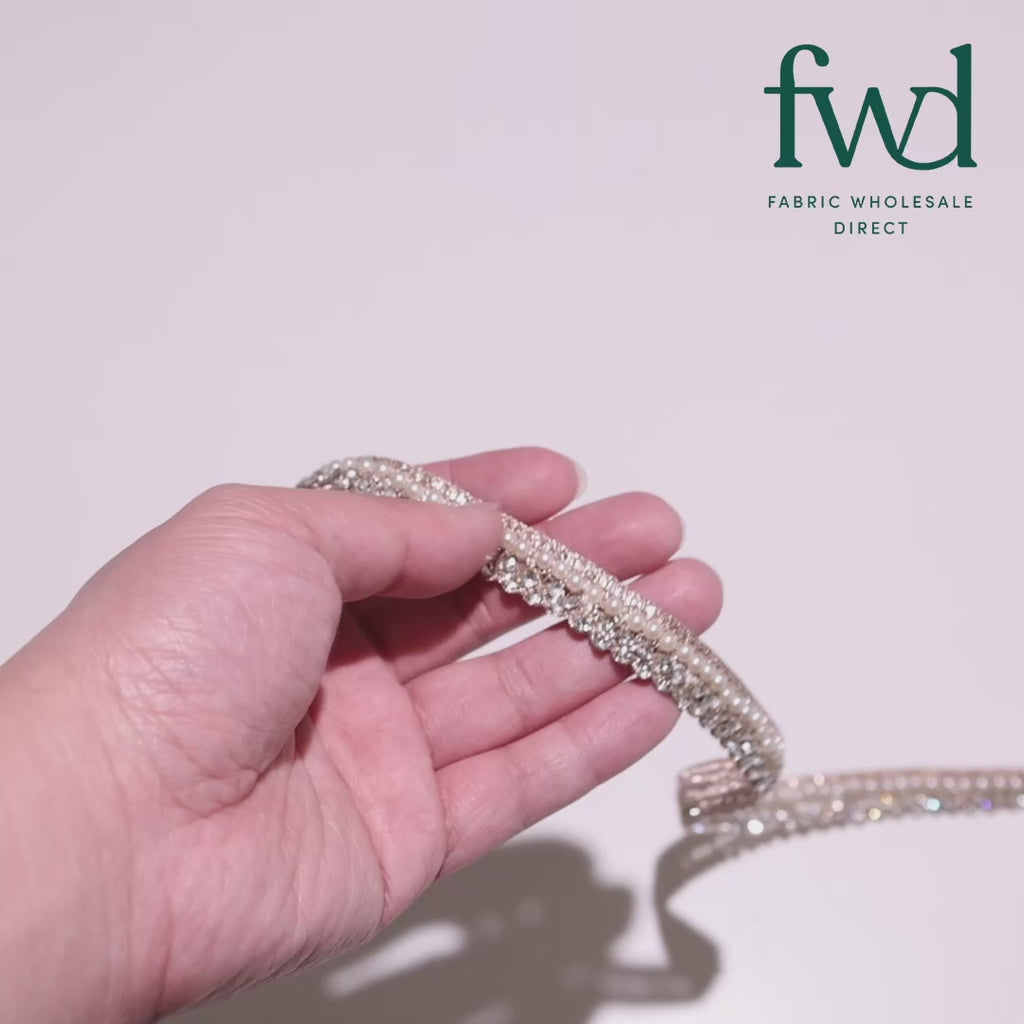 1/2 Inch Pearly Diamond Rhinestone Metallic Ribbon Fabric Trim Champagne Video|SV582741