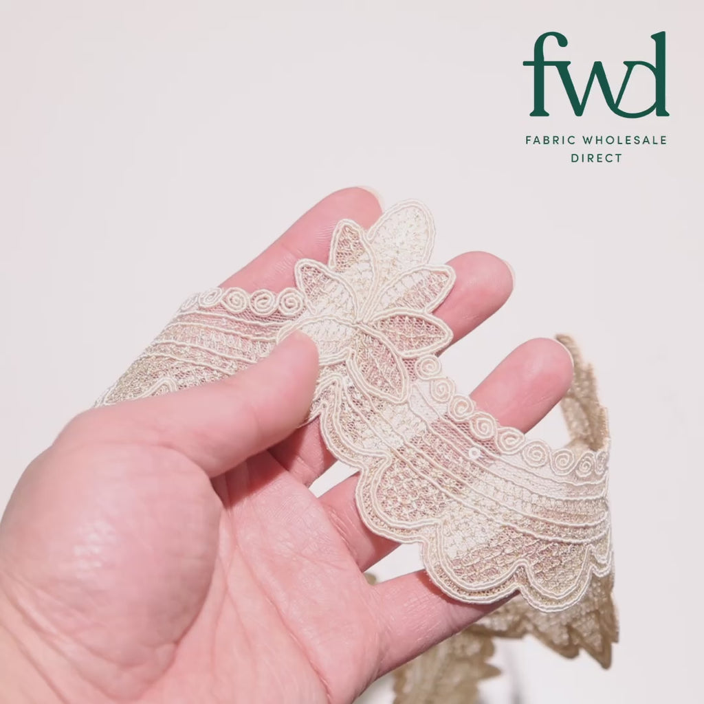 Swirly Flower Corded Sequin Embroidery On 3 & 1/2 Inch Scalloped Mesh Lace Trim Antique Gold Video|SV582865