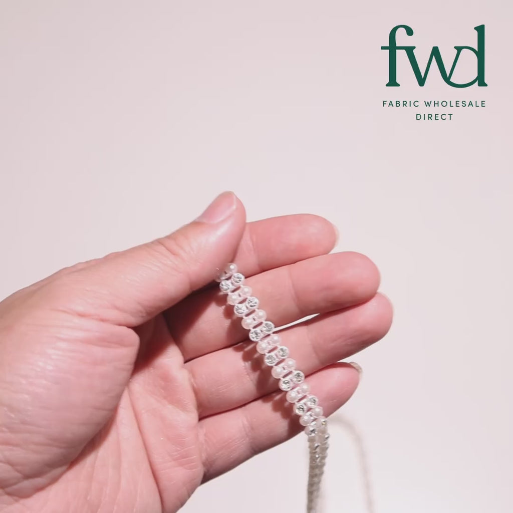 3/8 Inch Two Row Pearly Diamond Rhinestone Chain Trim (10 Yards) Off White Video|SV582541