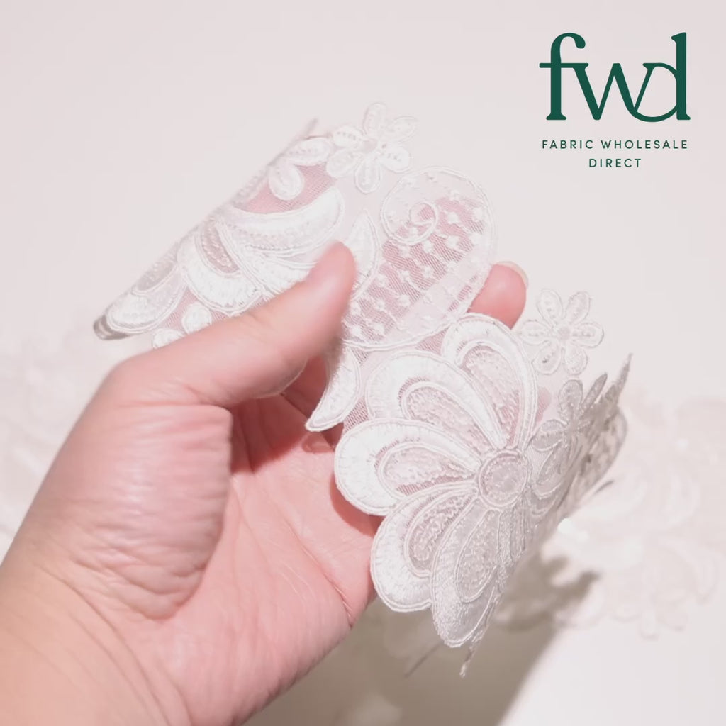 Wild Flower Corded Sequin Embroidery On 4 Inch Scalloped Mesh Lace Trim White Video|SV582516