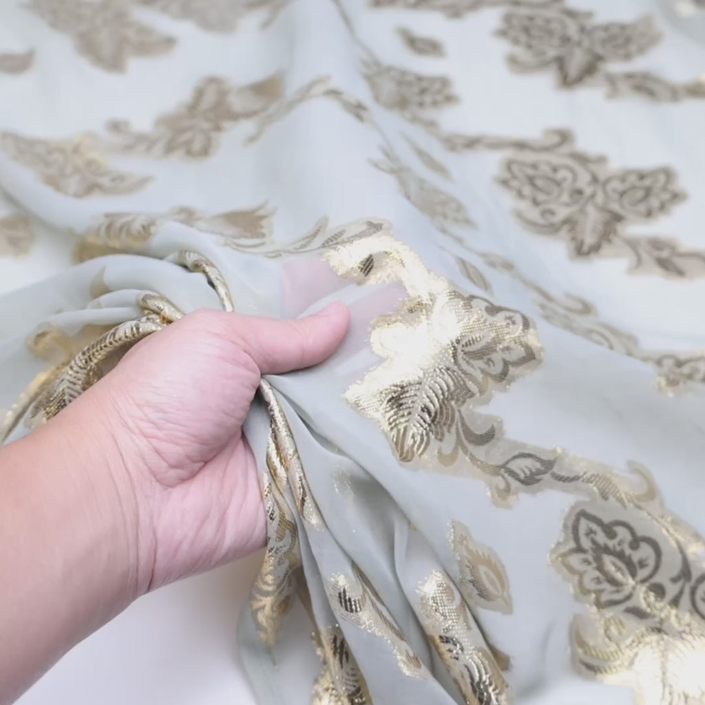 Leafy Vine Metallic Embroidered Chiffon Sky Blue Fabric Video|SV580762