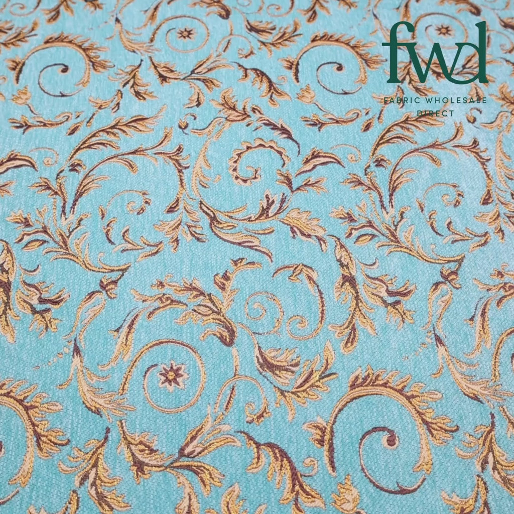 Floral Scroll Metallic Chenille Upholstery Jacquard Turquoise / Gold Fabric Video|SV581279