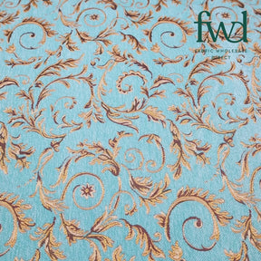 Floral Scroll Metallic Chenille Upholstery Jacquard Turquoise / Gold Fabric Video|SV581279
