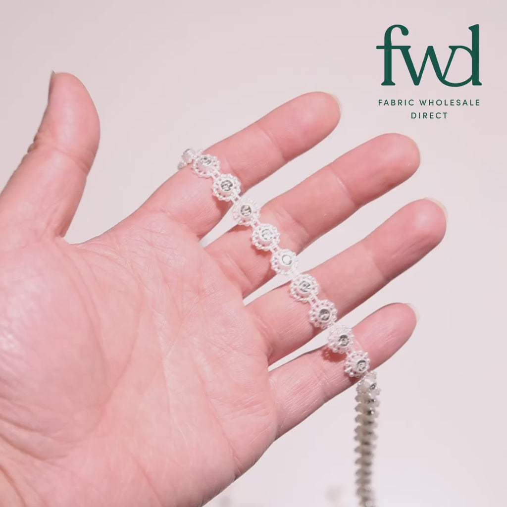 3/8 Inch Circular Pearl Rhinestone Diamond Chain Trim (10 Yards) White Video|SV582537
