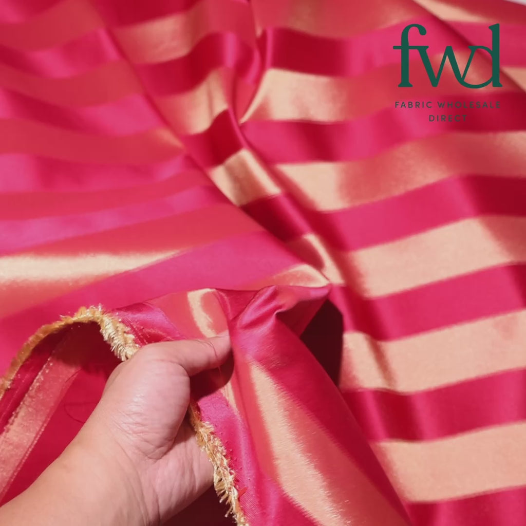 Extra Wide Striped Upholstery Jacquard Fuchsia / Gold Fabric Video|SV582054