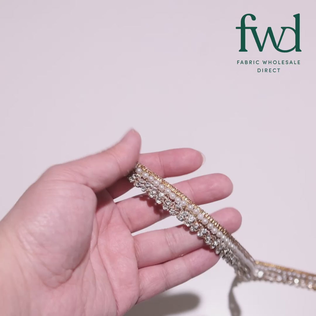1/2 Inch Pearly Diamond Rhinestone Metallic Ribbon Fabric Trim Antique Gold Video|SV582742