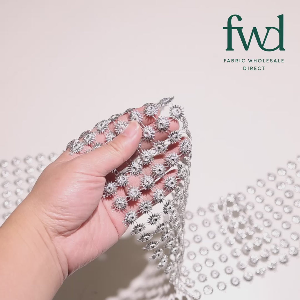 4.5 Inch Sunflower Filigree Metallic Rhinestone Lace Trim (10 Yards) Silver Video|SV582578