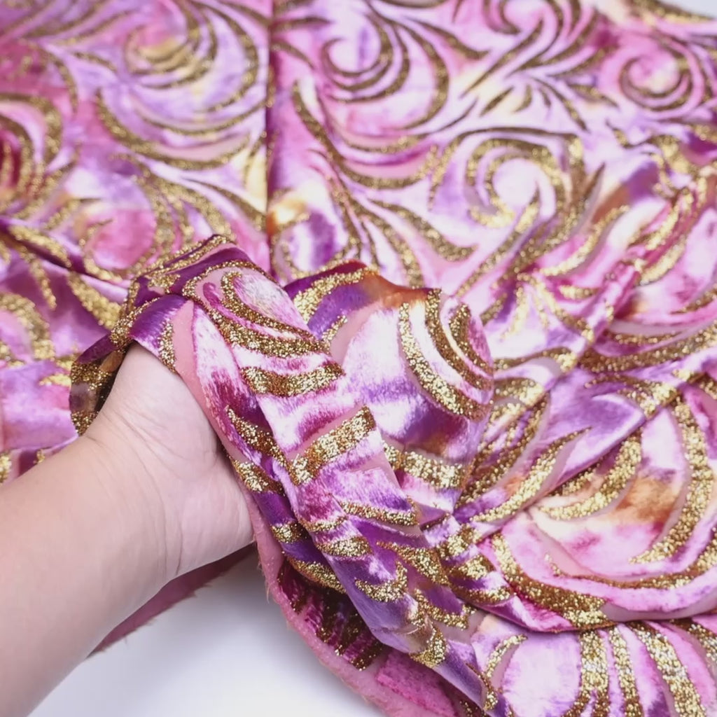 Geometric Metallic Velvet Burnout On Mesh Lavender Sunset Fabric Video|SV580744