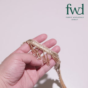 1.5 Inch Braided Metallic Cord With Beaded Tassel Fringe Fabric Trim Champagne Video|SV583115