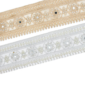 2 5 Inch Daisy Flower Rhinestone Beaded Metallic Cording On Mesh Lace Trim Group